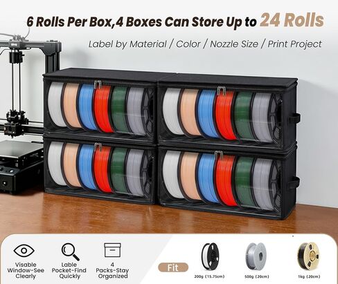 3D Printer Filament Storage Box, 4 Pack, Holds 24 Rolls | 3D Filament Storage Container Holder with Front Support Frame, Desiccant, 3D Printer Accessories for Home, Office, Studio in Kuwait