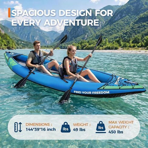 2-Person Inflatable Drop-Stitch Kayak Complete Accessory Kit, 144-Inch Portable Inflatable Touring Kayak, 450 LBS Weight Capacity Lightweight Inflatable Canoe for Lakes, Rivers and Coastal Waters in Kuwait
