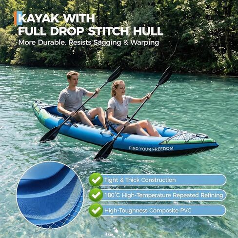 2-Person Inflatable Drop-Stitch Kayak Complete Accessory Kit, 144-Inch Portable Inflatable Touring Kayak, 450 LBS Weight Capacity Lightweight Inflatable Canoe for Lakes, Rivers and Coastal Waters in Kuwait