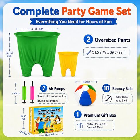 Granny Pants Yard Game Set, Outdoor Party & Lawn Game Kit with 2 Oversized Pants, 10 Colorful Bouncing Balls & 1 Pump – Fun Icebreaker Game for Family, Friends & Holiday Gatherings in Kuwait