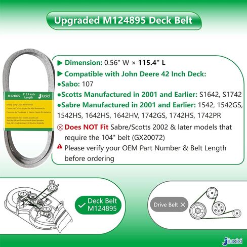 حزام M124895 (115.4 بوصة) عالي التحمل، يناسب جون ديري 42 بوصة Deck Sabo 107، Sabre 1542 1542GS 1542HS 1642HS 1642HV 1742GS 1742HS 1742PR، Scotts S1642 S1742، أراميد كور، بدون تمدد in Kuwait