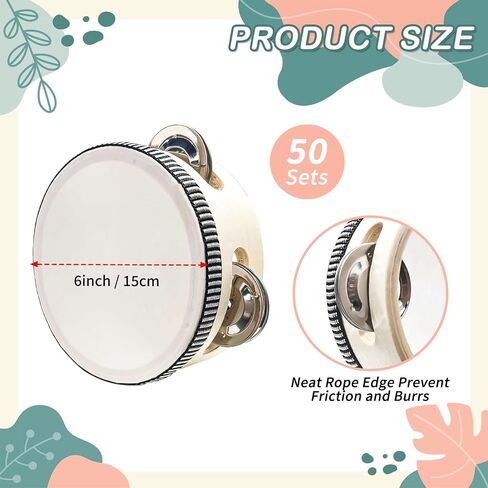 50 Pcs 6 In Mini Tambourines, Tambourine For Church Tambourine Wedding Tambourines Bulk Wedding Party Favor Wooden Hand Held Drum With Metal Jingles Panderos De Danza Cristianos for Charity in Kuwait