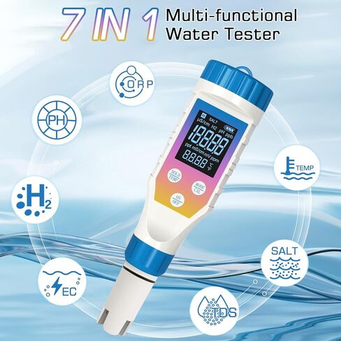 جهاز قياس مياه الهيدروجين لزجاجة مياه الهيدروجين، 7 في 1 درجة الحموضة/H2/TMEP/EC/TDS/ORP/مجموعة الملح، جهاز قياس المياه الرقمي TDS لمياه الشرب، جهاز قياس ORP للمياه والعصير والقهوة in Kuwait