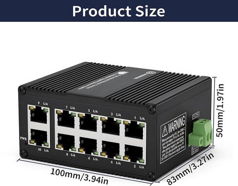 محول جيجابت صناعي صغير 10 منافذ، USB-C 5 فولت أو تيار مستمر 9-56 فولت | مدخل طاقة مزدوج، محول إيثرنت 10/100/1000 ميجا بت في الثانية، محول شبكة غير مُدار، تصنيف IP40، -40 درجة فهرنهايت إلى 167 درجة فهرنهايت، سكة DIN وحامل على الحائط in Kuwait