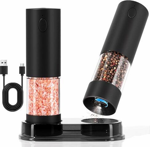 مجموعة مطحنة الملح والفلفل الكهربائية، مطاحن فلفل أوتوماتيكية قابلة لإعادة الشحن عبر USB ومطاحن ملح مع ضوء LED، سعة كبيرة 100 مل، خشونة قابلة للتعديل، تشغيل بيد واحدة، قاعدة ثابتة in Kuwait