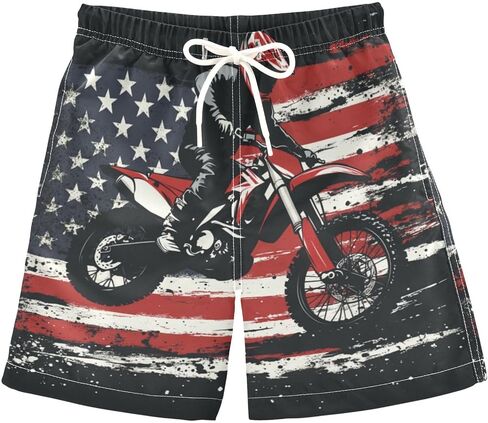 Red Dirt Bike Flying Over USA Flag Boys Swim Trucks Quick Dry Bathing Suit Swimsuit Swimwear Beach Shorts in Kuwait