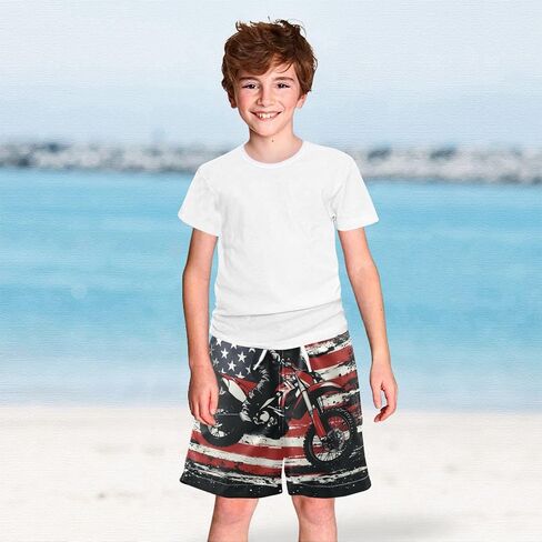 Red Dirt Bike Flying Over USA Flag Boys Swim Trucks Quick Dry Bathing Suit Swimsuit Swimwear Beach Shorts in Kuwait