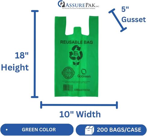 ASSUREPAK أكياس بولي بروبيلين غير منسوجة قابلة لإعادة الاستخدام، 200 عبوة، 10 بوصة × 5 بوصة × 18 بوصة، 40 كيس تسوق GSM للبقالة والتجزئة والأسواق - 10518GRNPPNWRB40 in Kuwait