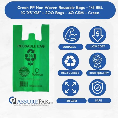 ASSUREPAK أكياس بولي بروبيلين غير منسوجة قابلة لإعادة الاستخدام، 200 عبوة، 10 بوصة × 5 بوصة × 18 بوصة، 40 كيس تسوق GSM للبقالة والتجزئة والأسواق - 10518GRNPPNWRB40 in Kuwait