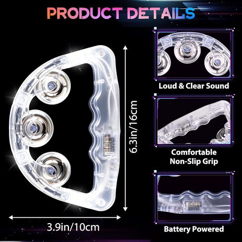 6 Pack LED Light Up Tambourines for Adults, White LED Flashing Handheld Tambourine with 3 Lighting Modes Percussion Instrument Glow in The Dark Party Supplies for Weddings Night Events in Kuwait