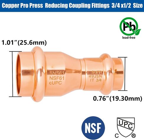10 عبوات WHK 3/4 بوصة × 1/2 بوصة Pro Press Pro Press النحاسية لتقليل وصلات التوصيل المستخدمة للتوصيل من 3/4 كوبر إلى 1/2 أنبوب كوبر (خالية من الرصاص، بدون توقف) in Kuwait