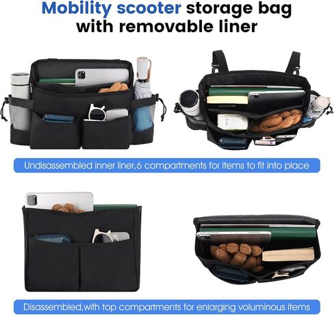 Mobility Scooter Bag, Front Handlebar Bag for Mobility Scooter, Waterproof Storage Bag, multi-pocket Large Capacity Bag with removable lining, Black in Kuwait