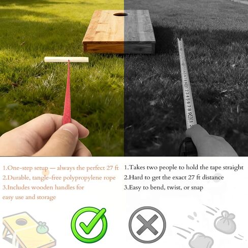 Cornhole Measuring Device 27ft with Silicone Tie & Bag | Cornhole Board Accessories and Equipment | Lightweight Varnished Sticks & Low-Stretch Rope for Fast, Accurate Boards Distance Setup in Kuwait