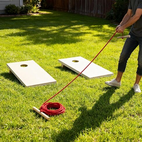 Cornhole Measuring Device 27ft with Silicone Tie & Bag | Cornhole Board Accessories and Equipment | Lightweight Varnished Sticks & Low-Stretch Rope for Fast, Accurate Boards Distance Setup in Kuwait
