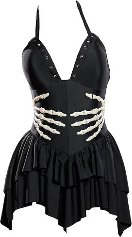 MEOWCOS Women's Gothic One-Piece Swimsuit Hand Skeleton Printed Bathing Suit with Halter Neck in Kuwait