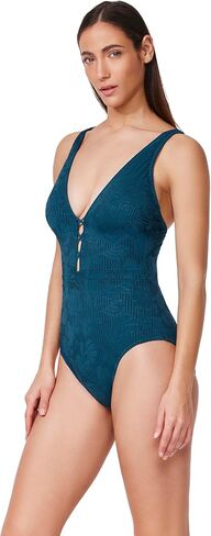 Profile by Gottex Deep V-Neck One Piece - Textured Lace Overlay, Adjustable Transformable Straps, Front & Back Lining in Kuwait