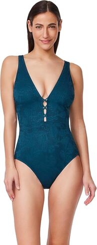 Profile by Gottex Deep V-Neck One Piece - Textured Lace Overlay, Adjustable Transformable Straps, Front & Back Lining in Kuwait