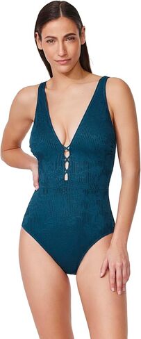 Profile by Gottex Deep V-Neck One Piece - Textured Lace Overlay, Adjustable Transformable Straps, Front & Back Lining in Kuwait