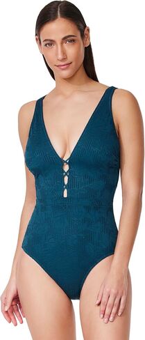 Profile by Gottex Deep V-Neck One Piece - Textured Lace Overlay, Adjustable Transformable Straps, Front & Back Lining in Kuwait