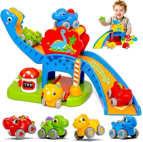 Dinosaur Toys for 1 Year Old Boy Gifts, Dinosaur Slide with 4Animal Cars Toddler Toys for 1-2, Push Car Race Track 1st Birthday Gifts Boy Gifts in Kuwait