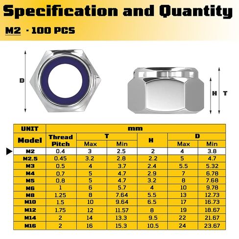 100 Pcs M2 Metric Lock Nuts, 304 (A2-70) Stainless Steel Nylon Insert Locknuts, Standard Metric Thread Nylock Nuts, Hex Lock Hardware Nuts, Reusable Anti-Loose Corrosion Resistant in Kuwait