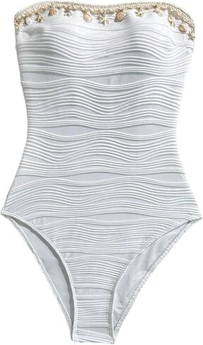 OYOANGLE Women's Strapless Cheeky One Piece Swimsuits Textured Monokini Tassel Shell Decor Bathing Suit in Kuwait