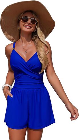 Women V Neck Swim Romper One Piece Tummy Control Swimsuits with Shorts and Pockets Modest Bathing Suits in Kuwait