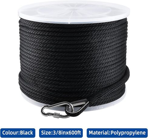 NovelBee 3/8 Inch x 600 Feet Anchor Rope,Premium Solid Braid MFP Anchor Line with 316 Stainless Steel Thimble and Snap Hook,Black Polypropylene Rope for Anchor Boat Marine in Kuwait
