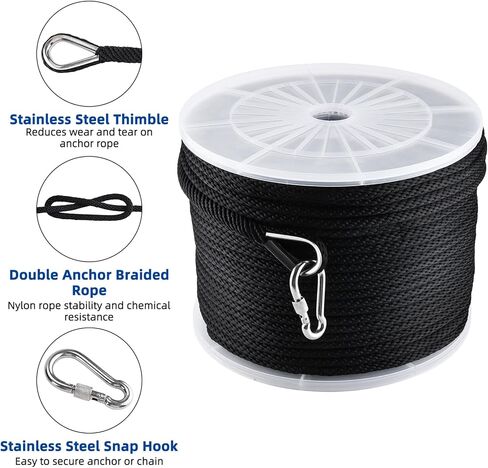 NovelBee 3/8 Inch x 600 Feet Anchor Rope,Premium Solid Braid MFP Anchor Line with 316 Stainless Steel Thimble and Snap Hook,Black Polypropylene Rope for Anchor Boat Marine in Kuwait