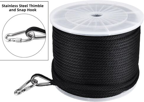 NovelBee 3/8 Inch x 600 Feet Anchor Rope,Premium Solid Braid MFP Anchor Line with 316 Stainless Steel Thimble and Snap Hook,Black Polypropylene Rope for Anchor Boat Marine in Kuwait