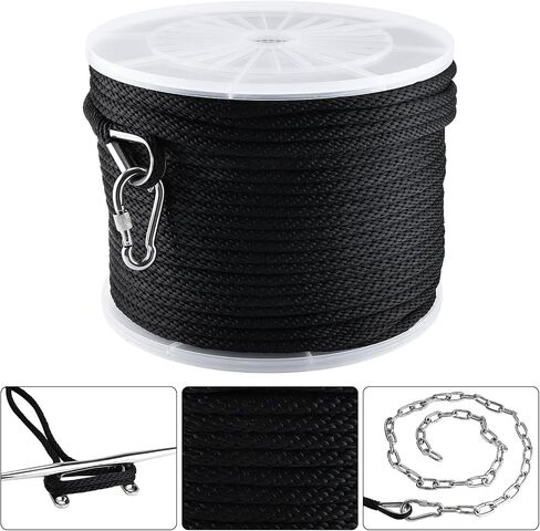NovelBee 3/8 Inch x 600 Feet Anchor Rope,Premium Solid Braid MFP Anchor Line with 316 Stainless Steel Thimble and Snap Hook,Black Polypropylene Rope for Anchor Boat Marine in Kuwait