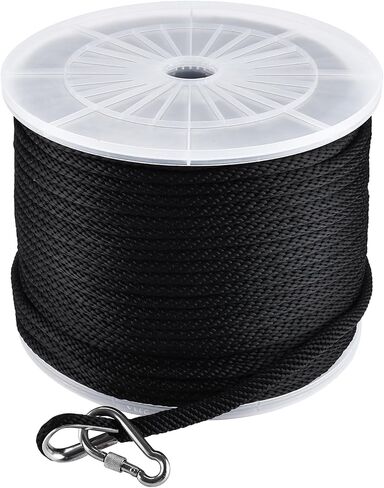 NovelBee 3/8 Inch x 600 Feet Anchor Rope,Premium Solid Braid MFP Anchor Line with 316 Stainless Steel Thimble and Snap Hook,Black Polypropylene Rope for Anchor Boat Marine in Kuwait