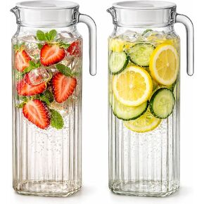 Glass Pitcher with Lid – 2 Pack 34 oz Glass Water Pitcher with Handle, Ribbed Glass Container with Lid and Vented Spout for Fridge Shelf, Iced Tea, Lemonade, Juice in Saudi Arabia