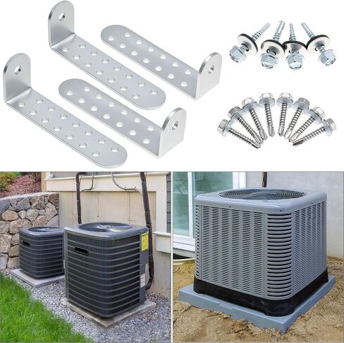 QWORK Heavy-Duty Galvanized Hurricane Condenser Brackets with Screws, 4 Pack 4.25 Inch Universal Tie Down Mounting Kit for Concrete Masonry Pads Corrosion-Resistant Steel Supports for AC Units in Kuwait