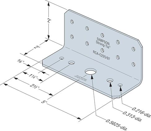 سيمبسون ربطة عنق قوية RCA-C225/97-R55 زاوية موصل صلبة للخرسانة - 2 بوصة × 2 بوصة × 5 بوصة، سمك 97 مل، هيكل فولاذي مجلفن بالزنك 12 مقياس (55-الكمية) in Kuwait