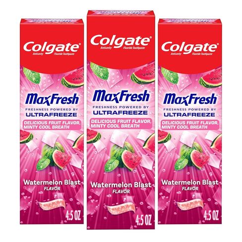 Colgate Max Fresh Anticavity Fluoride Toothpaste with Breath Strips, 3 Pack, Watermelon Blast with Mint, Fresh Breath Toothpaste Pack, Helps Fight Cavities and Freshens Breath, 4.5 Oz in Kuwait