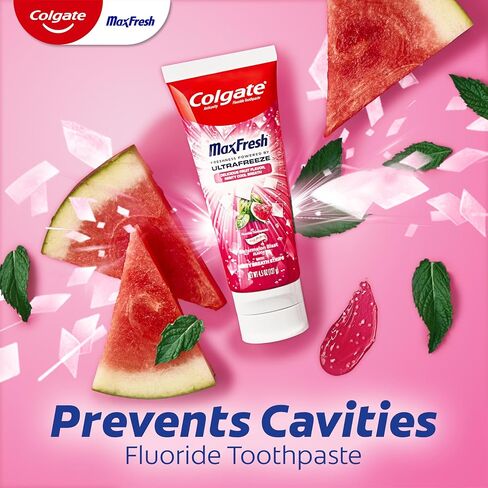 Colgate Max Fresh Anticavity Fluoride Toothpaste with Breath Strips, 3 Pack, Watermelon Blast with Mint, Fresh Breath Toothpaste Pack, Helps Fight Cavities and Freshens Breath, 4.5 Oz in Kuwait