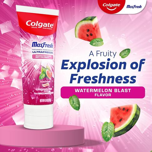 Colgate Max Fresh Anticavity Fluoride Toothpaste with Breath Strips, 3 Pack, Watermelon Blast with Mint, Fresh Breath Toothpaste Pack, Helps Fight Cavities and Freshens Breath, 4.5 Oz in Kuwait