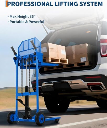 Hydraulic Material Lift with Adjustable Forks, Pallet Truck Dolly with Steel Platform Board, 450 Lbs Capacity 36" Max Lift Table Fork Pallet Stacker Winch Stacker for Garge Workshop, Blue in Kuwait