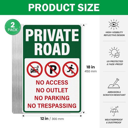 2 Pack 18"x12" Private Road Signs - No Trespassing No Parking No Access No Outlet, Large Reflective Aluminum Signage, Rust Free, Fade Resistant for Outdoor Driveway Yard Business in Kuwait