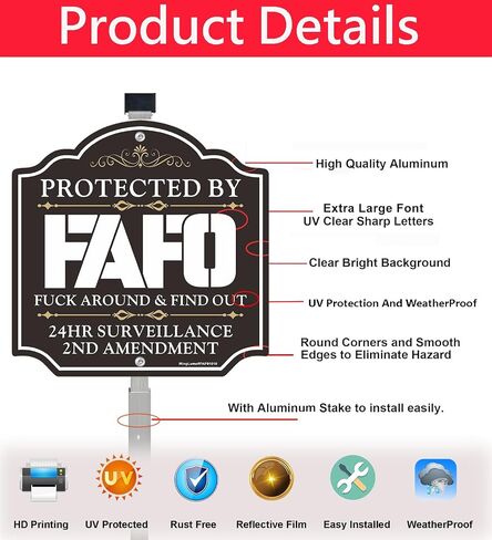 FAFO Security Sign - Protected by FAFO, Funk Around and Find Out Home Warning Sign For Yard with 28" Stake,10x10 Inch 2nd Amendment Rustproof, WeatherProof Fade Resistant Aluminum, Easy To Install. in Kuwait