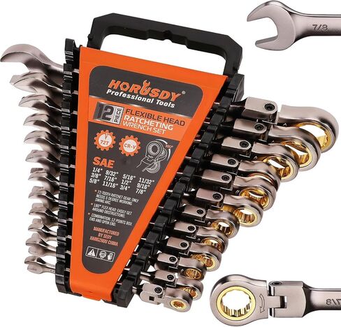 HORUSDY 12-Piece Metric Flex-Head Ratcheting Wrench Set with Organizer | 8-19 mm Ratchet Combination Wrenches Set | 72-Teeth | Chrome Vanadium Steel in Kuwait