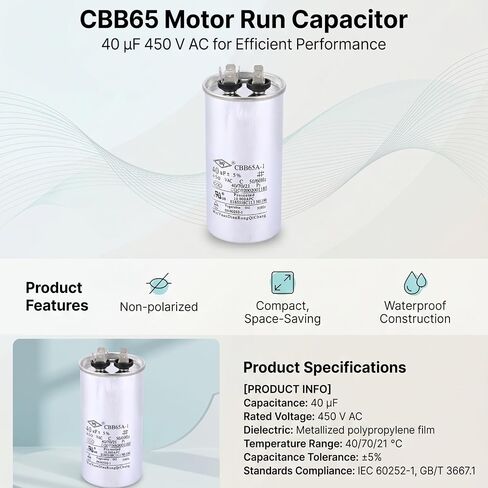 مكثف CBB65، حجم صغير، أداء عالٍ، مكثف تشغيل المحرك، 40 فائق التوهج 450 فولت، رقائق ألومنيوم دائرية غير قطبية، لوحدات تكييف الهواء، أنظمة التدفئة والتهوية وتكييف الهواء، الدراجات النارية الصناعية in Kuwait