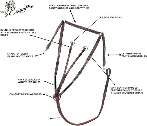 Exion Leather Breastplate for Horses with Adjustable Running Martingale Attachment- Square Raised Soft Padded Equestrian Horse Breast Plate Tack with Navy Elastic Inserts in Kuwait