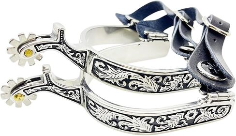 Men's Western Spurs for Cowboy Boots - Stainless Steel Equestrian Riding Spurs with Leather Straps 1 3/4" Shank, 3/4" Band | Floral Engraved with Cactus Accents Black Leather Spur Straps 390g Pair Ready-to-Use Horse Riding Gear in Kuwait