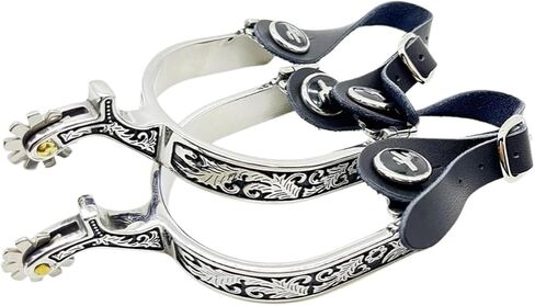 Men's Western Spurs for Cowboy Boots - Stainless Steel Equestrian Riding Spurs with Leather Straps 1 3/4" Shank, 3/4" Band | Floral Engraved with Cactus Accents Black Leather Spur Straps 390g Pair Ready-to-Use Horse Riding Gear in Kuwait