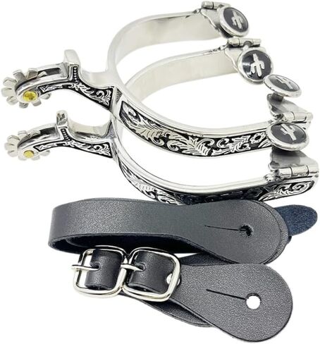 Men's Western Spurs for Cowboy Boots - Stainless Steel Equestrian Riding Spurs with Leather Straps 1 3/4" Shank, 3/4" Band | Floral Engraved with Cactus Accents Black Leather Spur Straps 390g Pair Ready-to-Use Horse Riding Gear in Kuwait