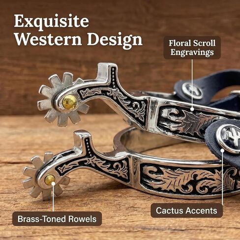 Men's Western Spurs for Cowboy Boots - Stainless Steel Equestrian Riding Spurs with Leather Straps 1 3/4" Shank, 3/4" Band | Floral Engraved with Cactus Accents Black Leather Spur Straps 390g Pair Ready-to-Use Horse Riding Gear in Kuwait