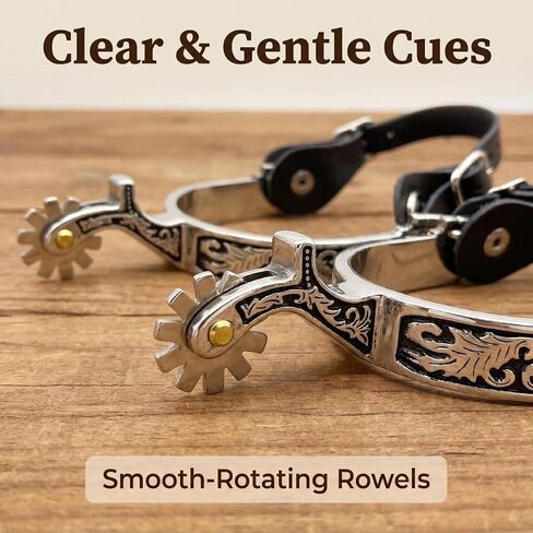 Men's Western Spurs for Cowboy Boots - Stainless Steel Equestrian Riding Spurs with Leather Straps 1 3/4" Shank, 3/4" Band | Floral Engraved with Cactus Accents Black Leather Spur Straps 390g Pair Ready-to-Use Horse Riding Gear in Kuwait