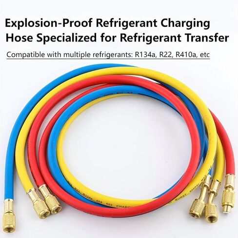 Professional HVAC Refrigerant Charging Hose Set,hvac hoses, Red Yellow Blue, 1/4 Inch Imperial, 48 Inch Length, 600 PSI Working Pressure, Compatible with R134a R22 R410a,2026 Upgrade in Kuwait